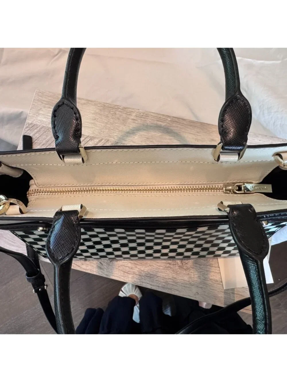 Kate Spade Black White Geometric Dot Satchel Crossbody Bag Leather Trim